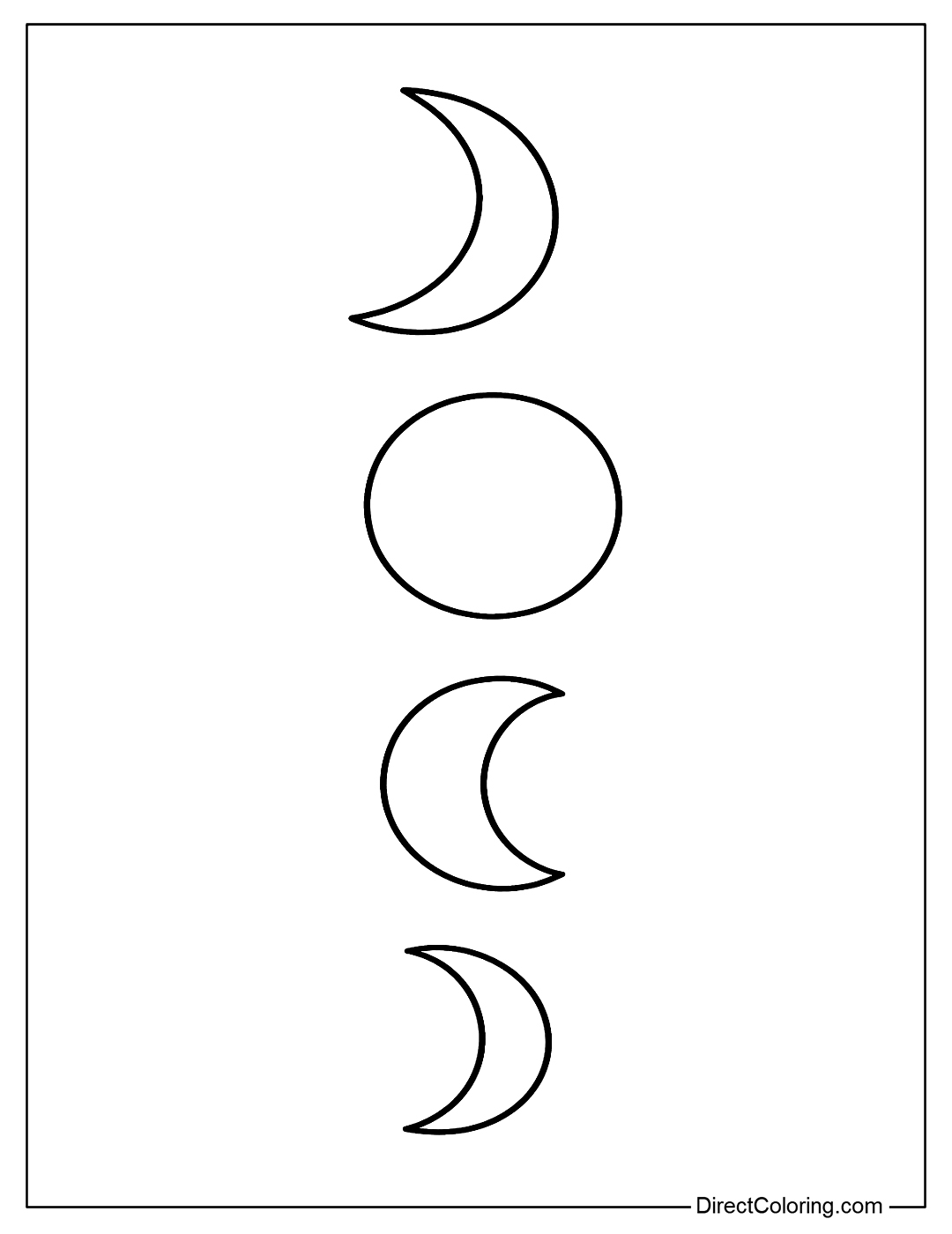 Coloring page of the phases of the moon: new moon, half moon, full moon, crescent moon